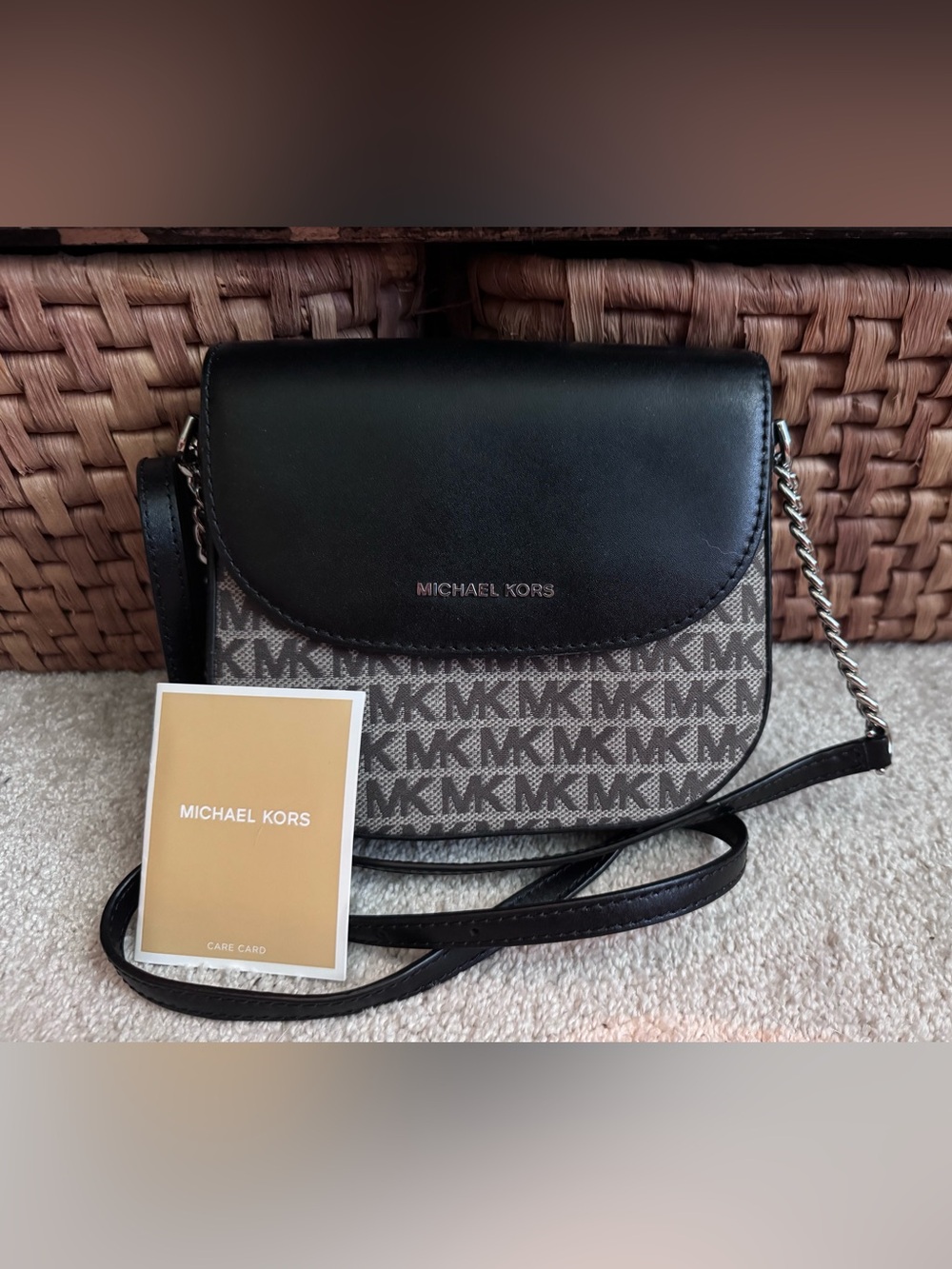 Michael Kors Black & Brown MK Monogram Saddle Crossbody